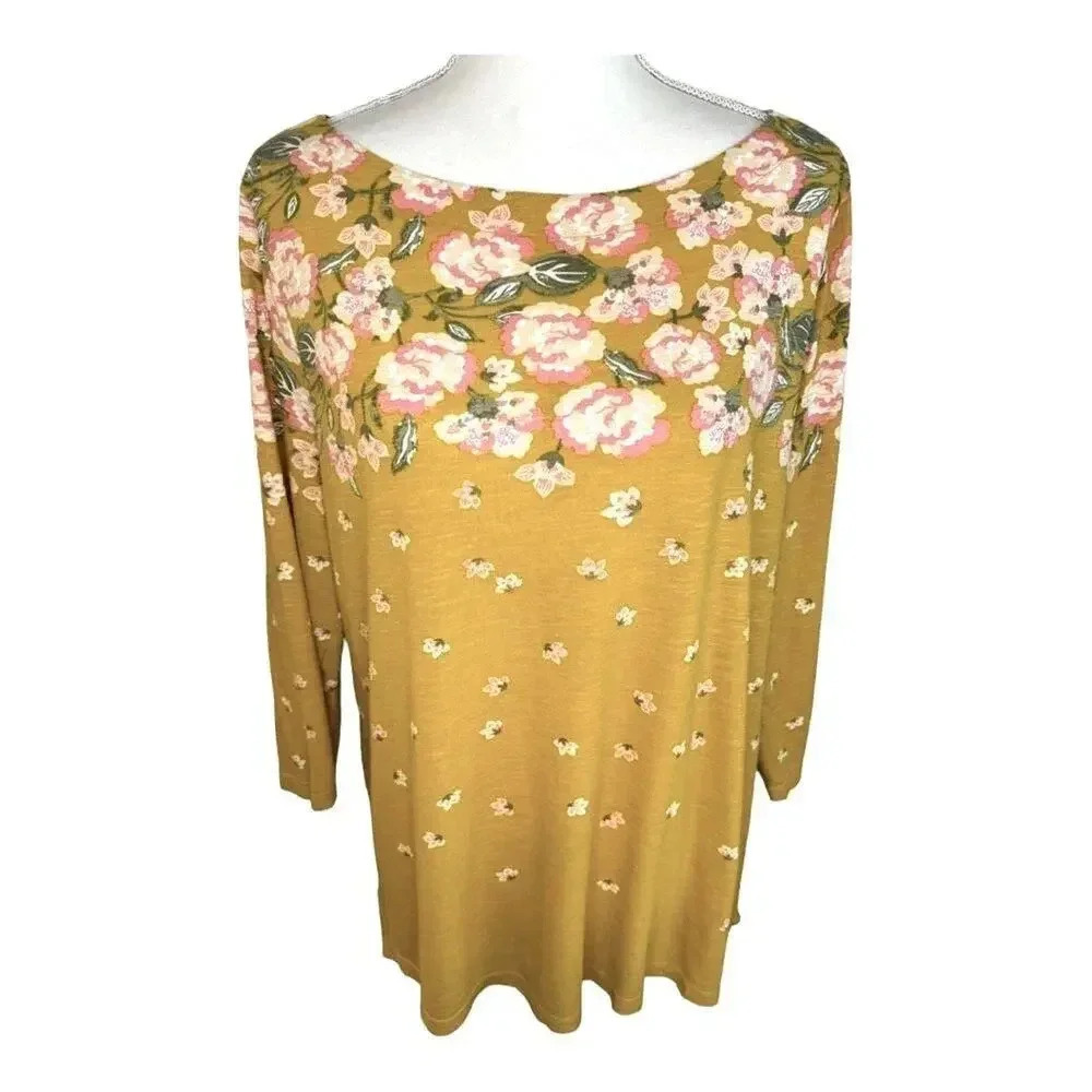 LOFT Women’s XL 3/4 Sleeve Yellow Blouse With Pink Flowers